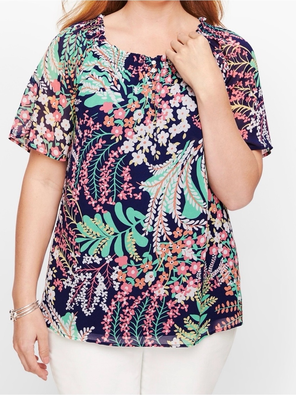 Talbots Navy Floral Short Sleeve Top Large